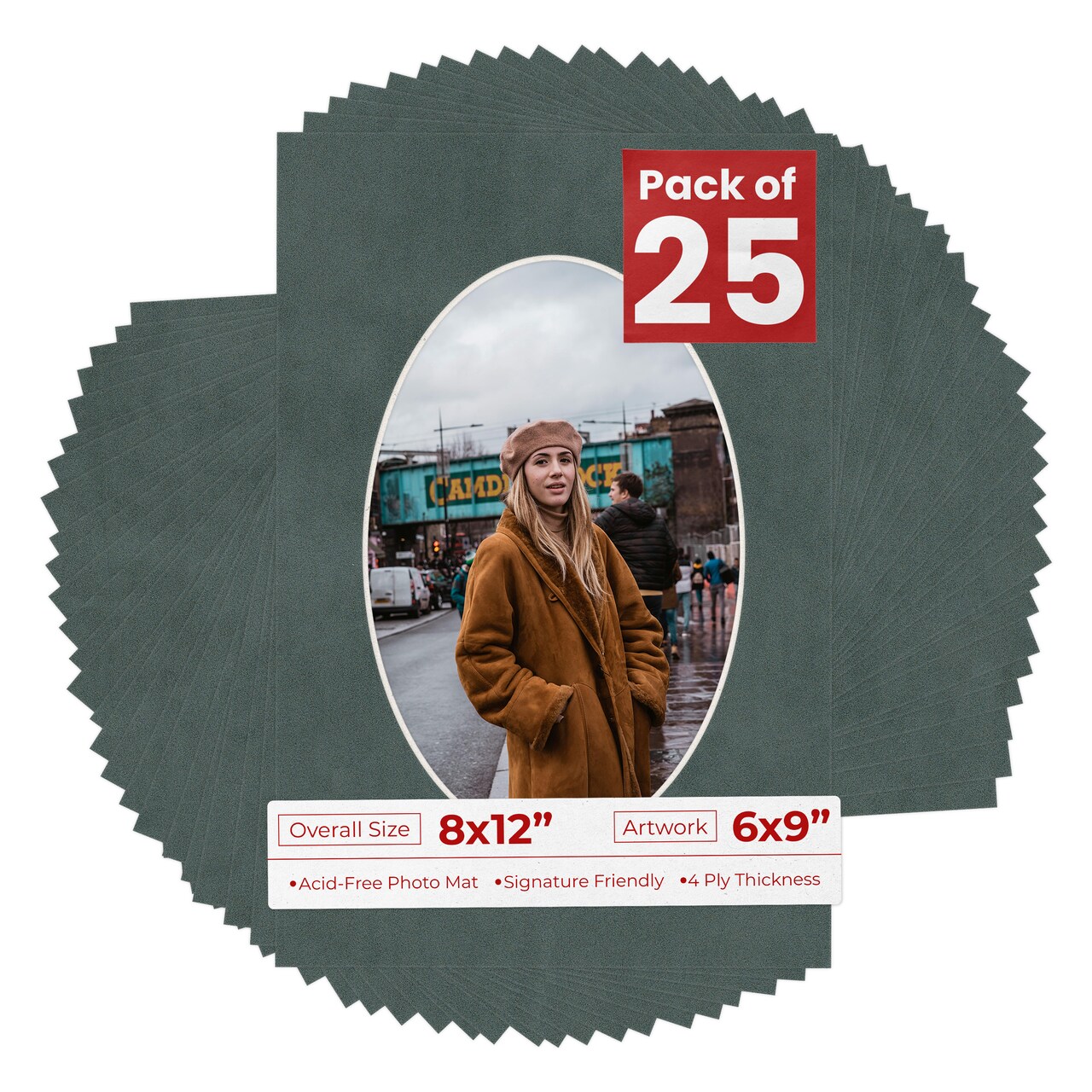 Dark Grey Suede Mat Board for 8x12 Frames - Oval Opening for 6x9 Photos